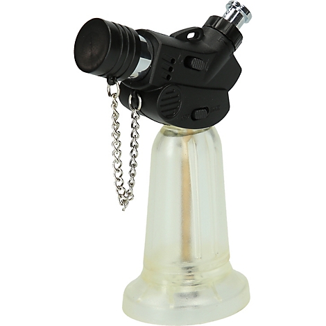 Schwarzer, transparenter Gasbrenner. Kette am Gehäuse befestigt.